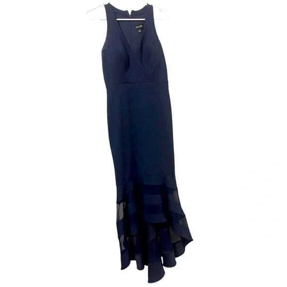 ❤️XSCAPE Womens Navy Zippered Sleeveless V Neck Midi Cocktail Mermaid Dress - Picture 7 of 9
